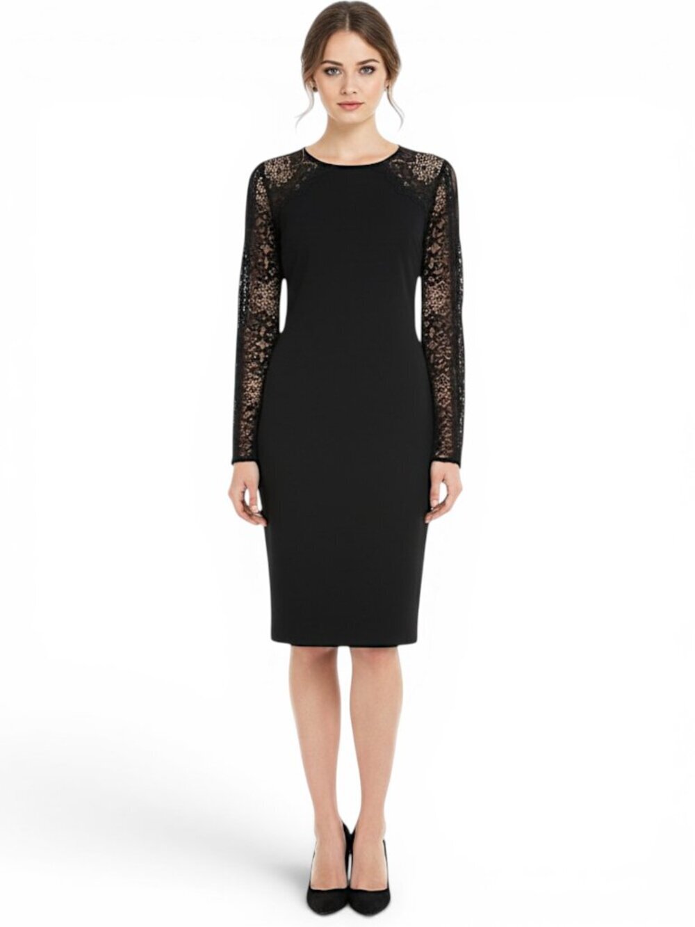 Alex Evenings Black Lace Illusion Bell Sleeves Jeweled Shift Dress New NWT 6